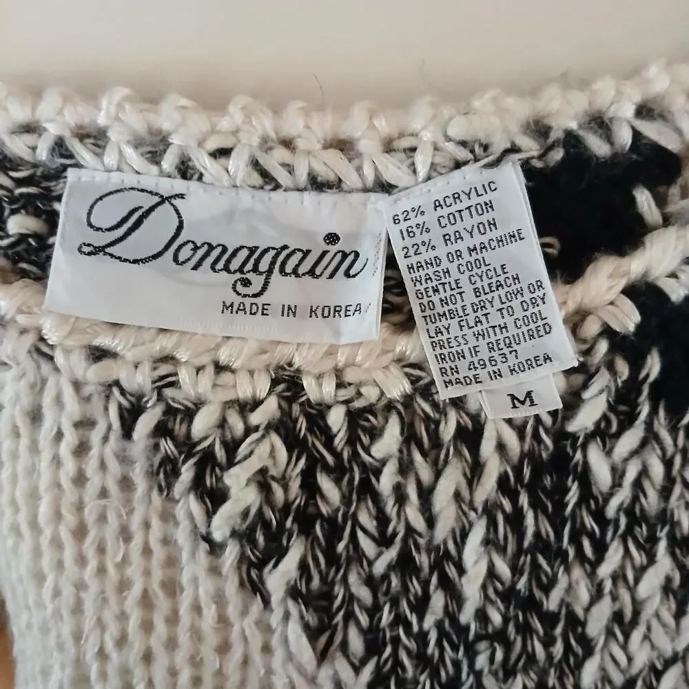 VTG 80s Donagain Geometric Black White Chunky Knit Cap Sleeve Sweater Vest Top M